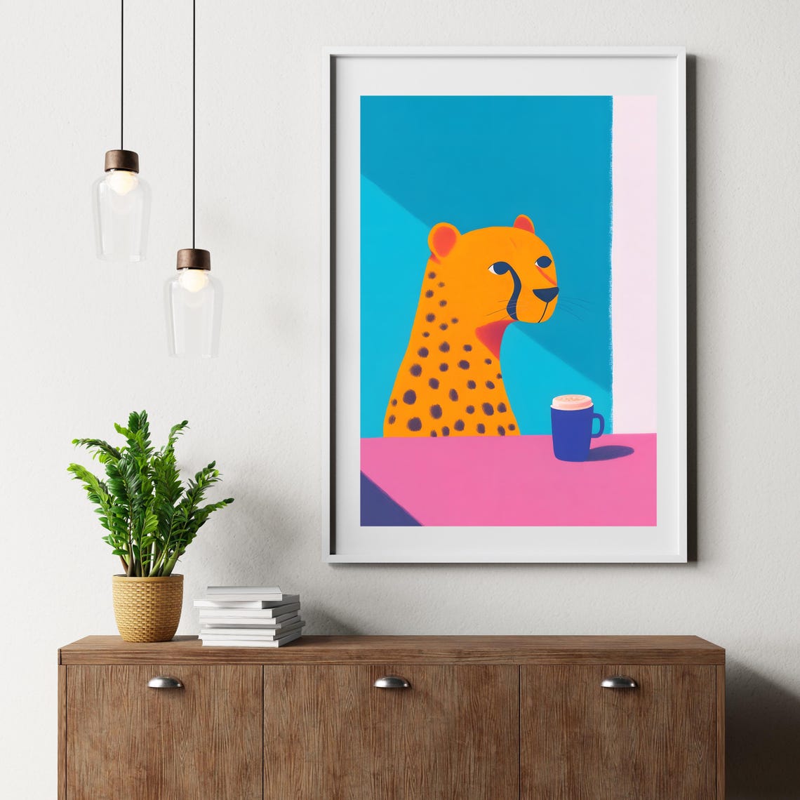Pop Art Cheetah Profile With Coffee Cup On Pink Background Poster - Image 2