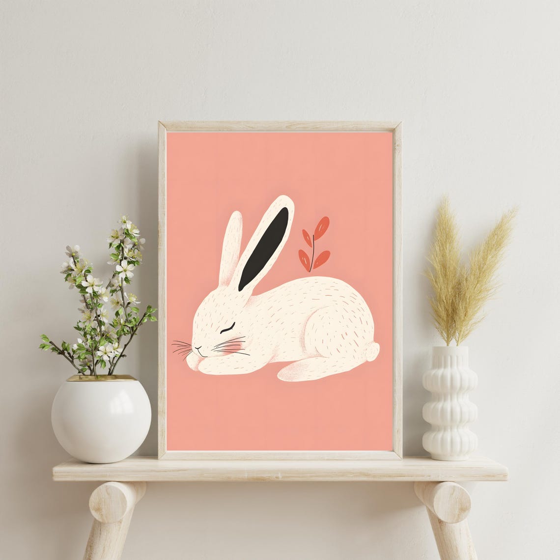 Cute Sleeping White Bunny on a Pink Background Nursery Poster - Image 3