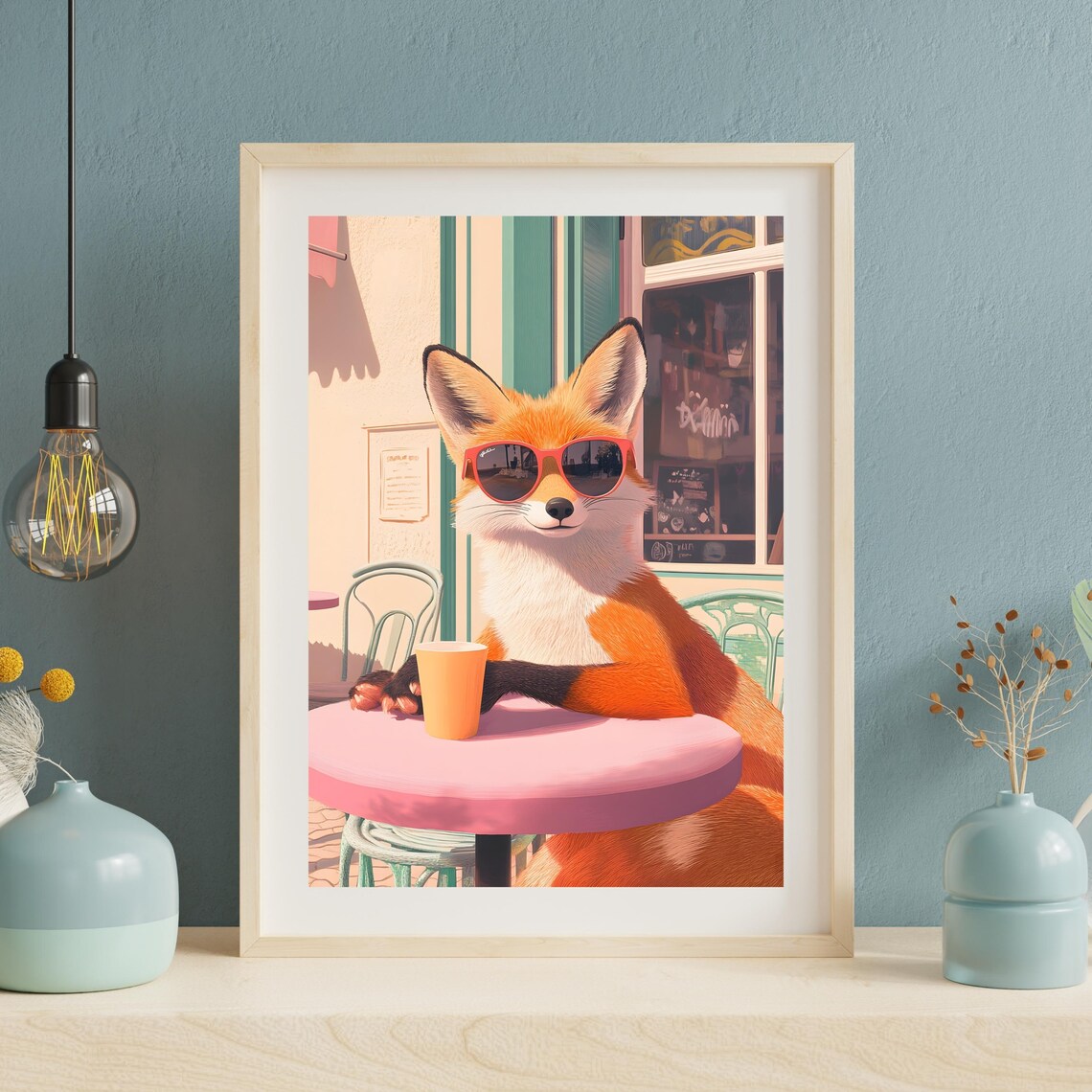 Chic Red Fox in Red Sunglasses Relaxing at a Pink Parisian Cafe Table Poster - Image 5