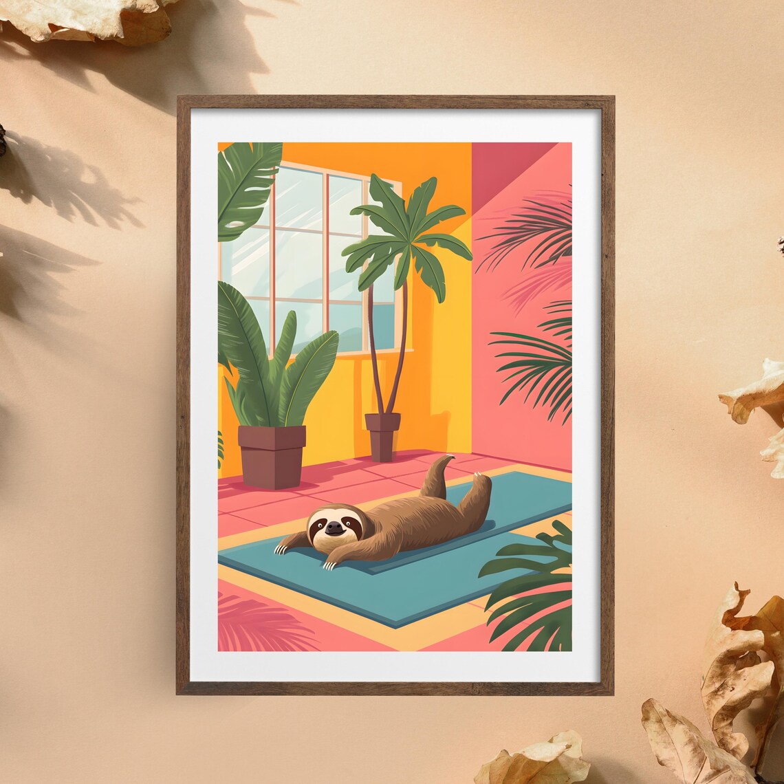 Sloth Doing Yoga on a Blue Mat in a Colorful Tropical Room Poster