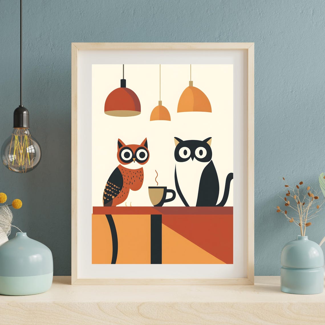 Owl and Cat Sharing Coffee at Mid Century Modern Cafe Poster - Image 3