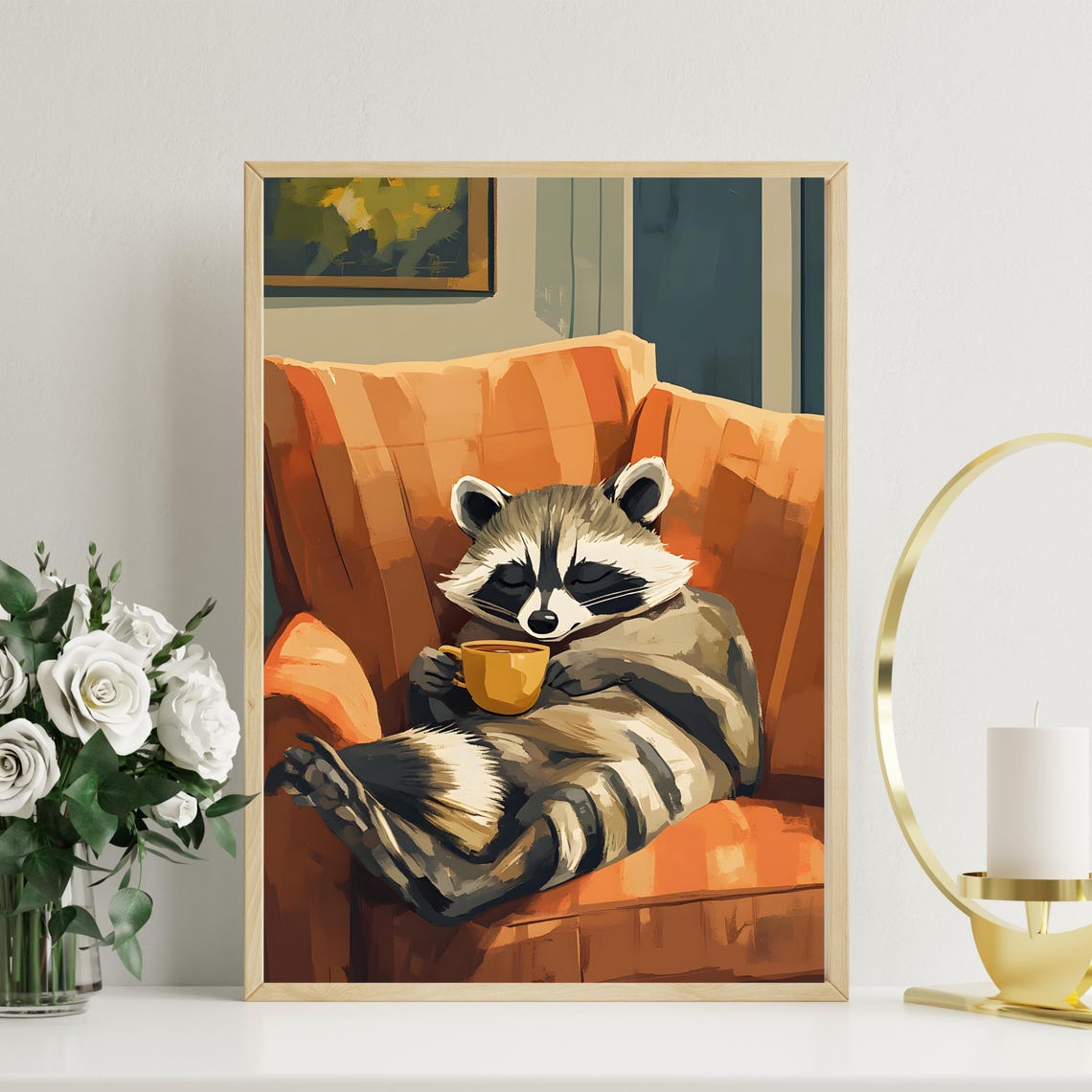 Relaxed Raccoon in an Orange Armchair Holding a Warm Mug Poster - Image 2