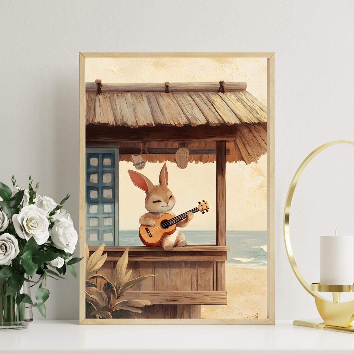 Bunny Playing Ukulele In A Beach Hut Tropical Seaside Music Poster - Image 2