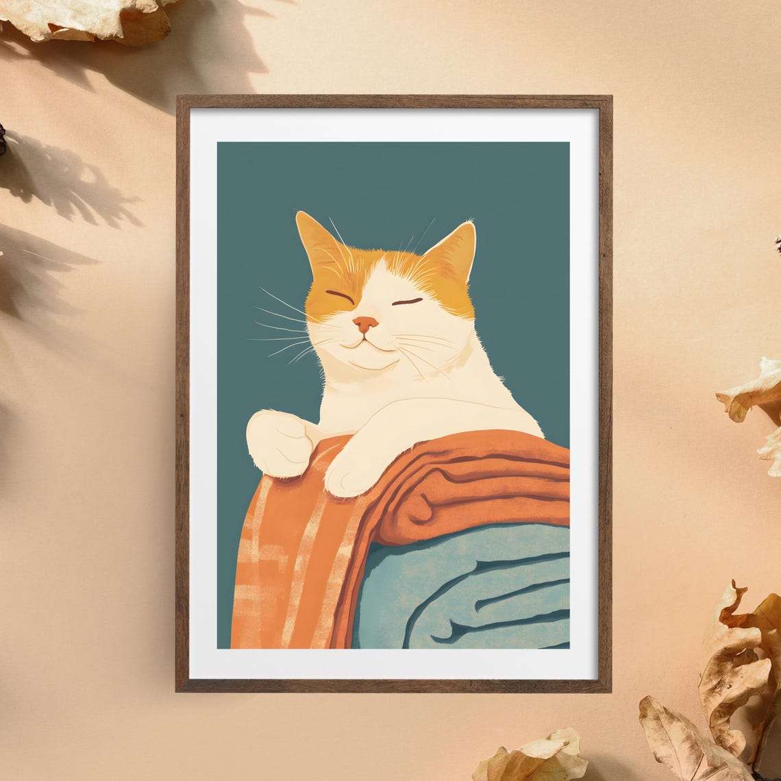 Cozy Orange Cat Hugging Folded Blankets on a Teal Background Poster - Image 2