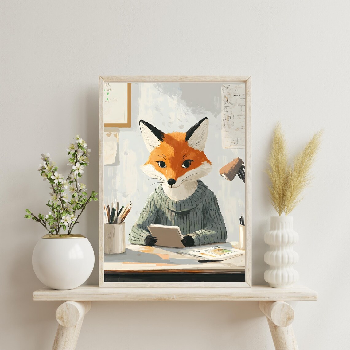 Cozy Fox in a Knit Sweater Reading a Book at a Wooden Desk Poster - Image 3