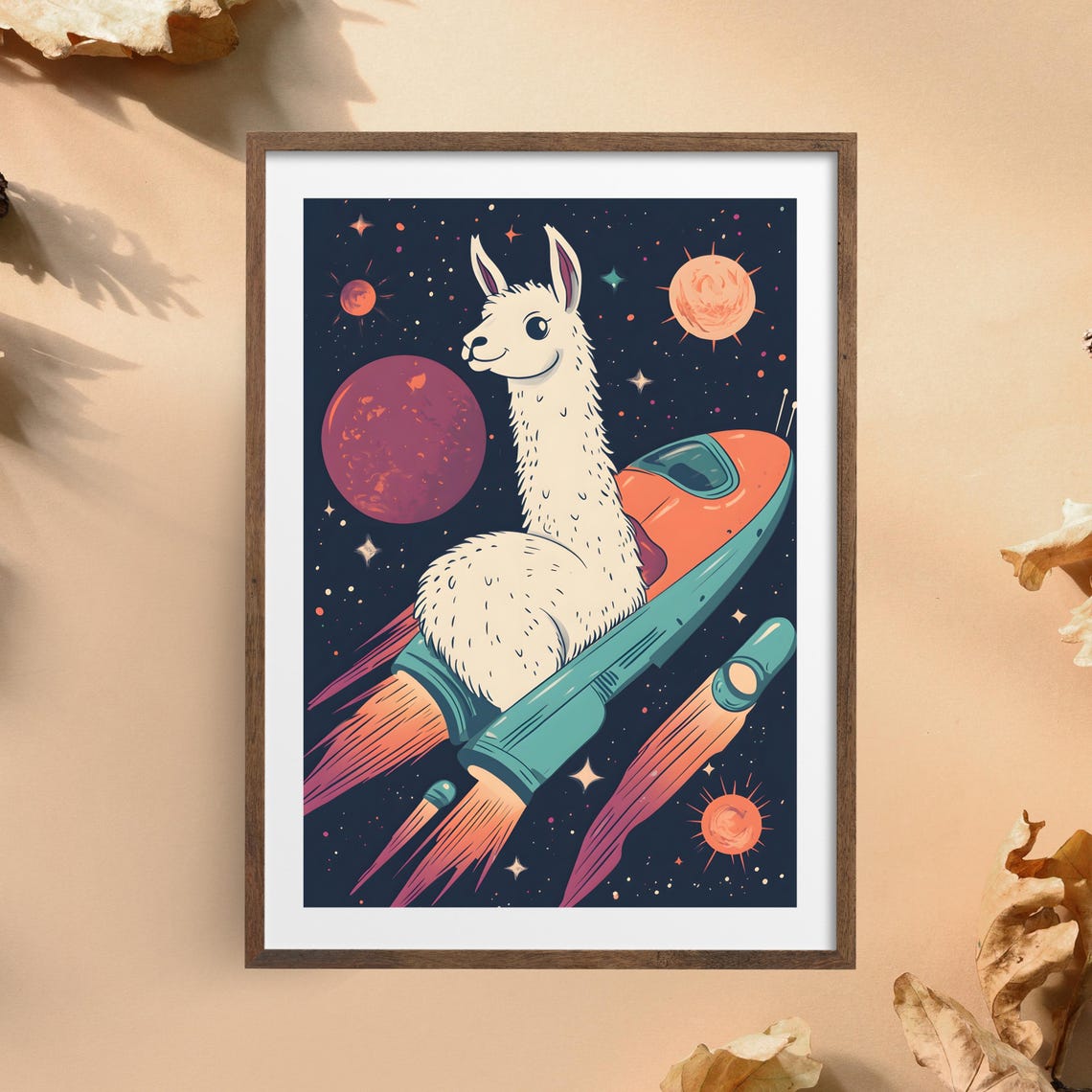Cute Llama Riding a Retro Rocket Ship Through Starry Space Poster