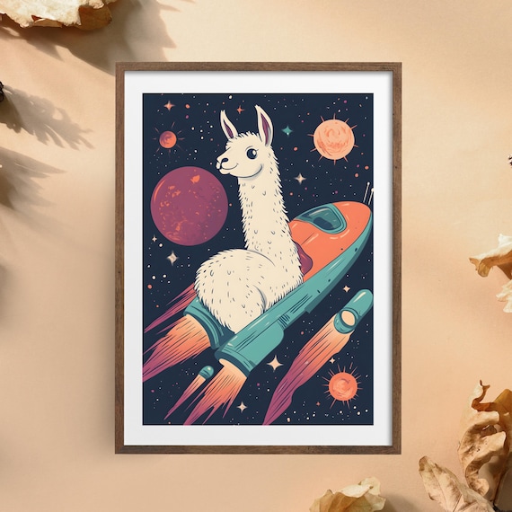 Cute Llama Riding a Retro Rocket Ship Through Starry Space Poster