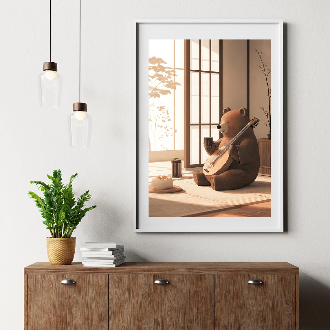 Cozy Bear Playing Lute Japanese Tea Room Relaxing Animal Art Poster - Image 6
