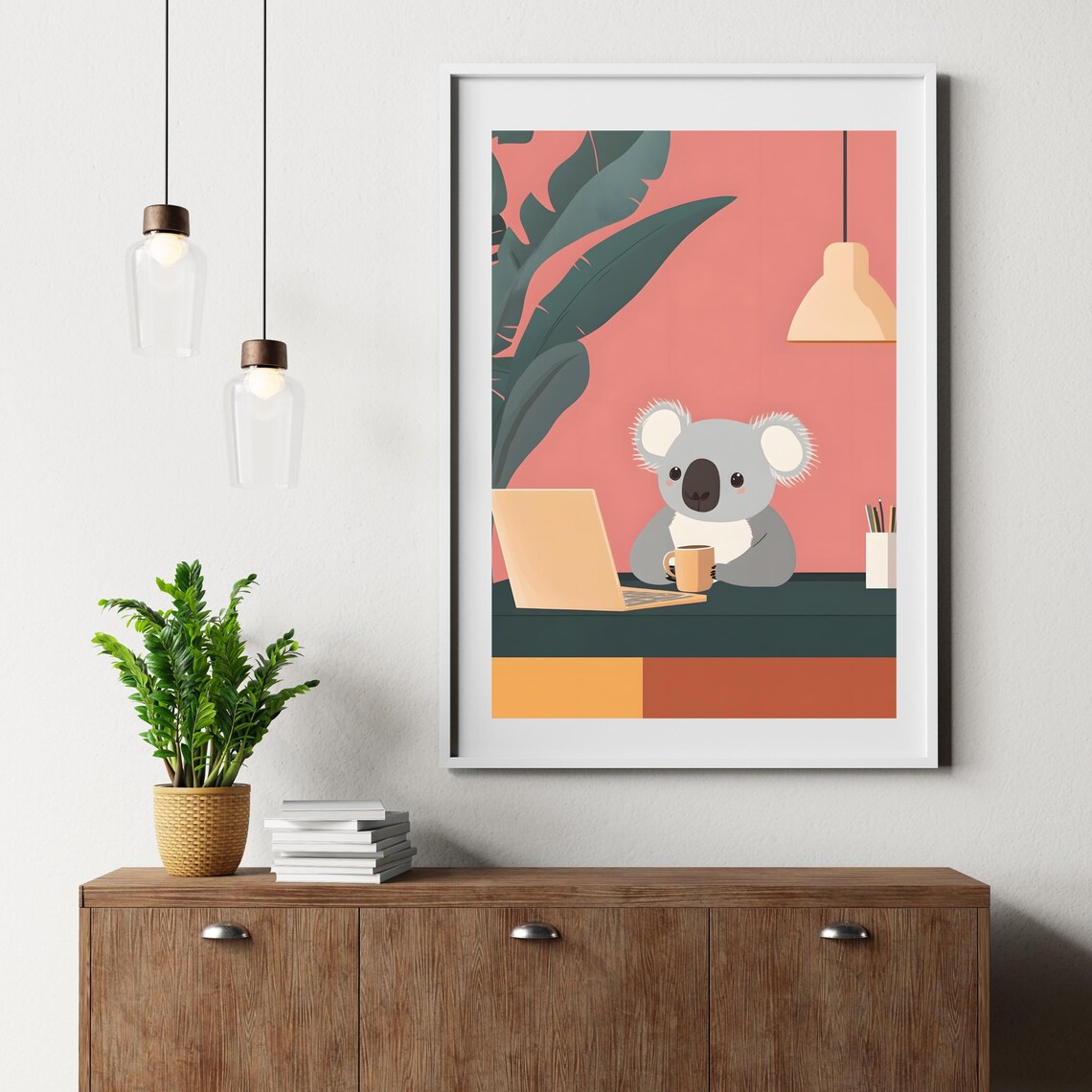 Cozy Koala Office Desk Laptop Coffee Minimalist Work Art Poster - Image 8
