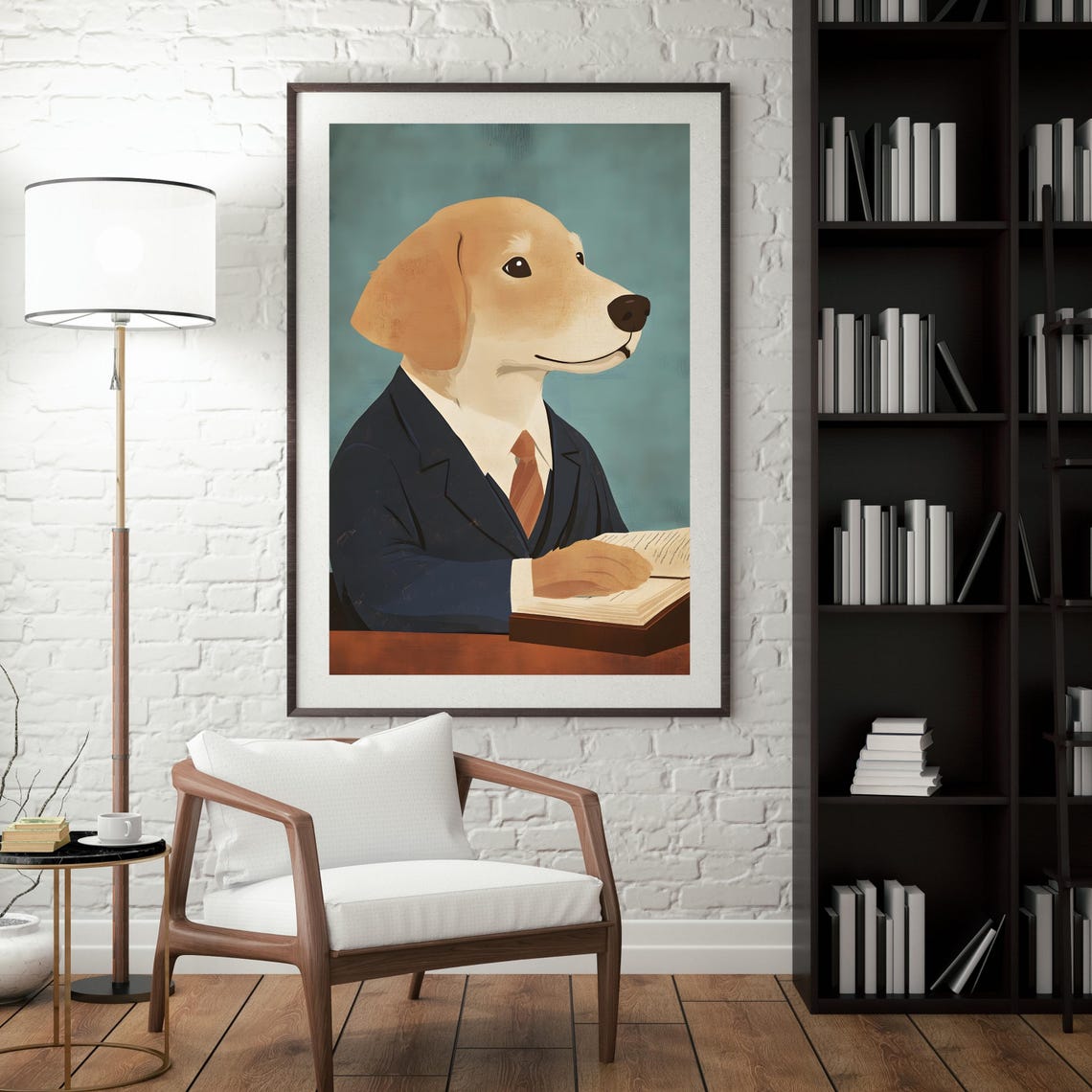 Golden Retriever In A Business Suit Reading At His Desk Poster - Image 4