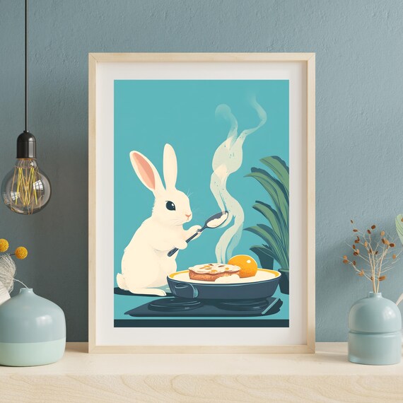 Bunny Cooking Fried Egg Breakfast Cute Rabbit Kitchen Art Poster