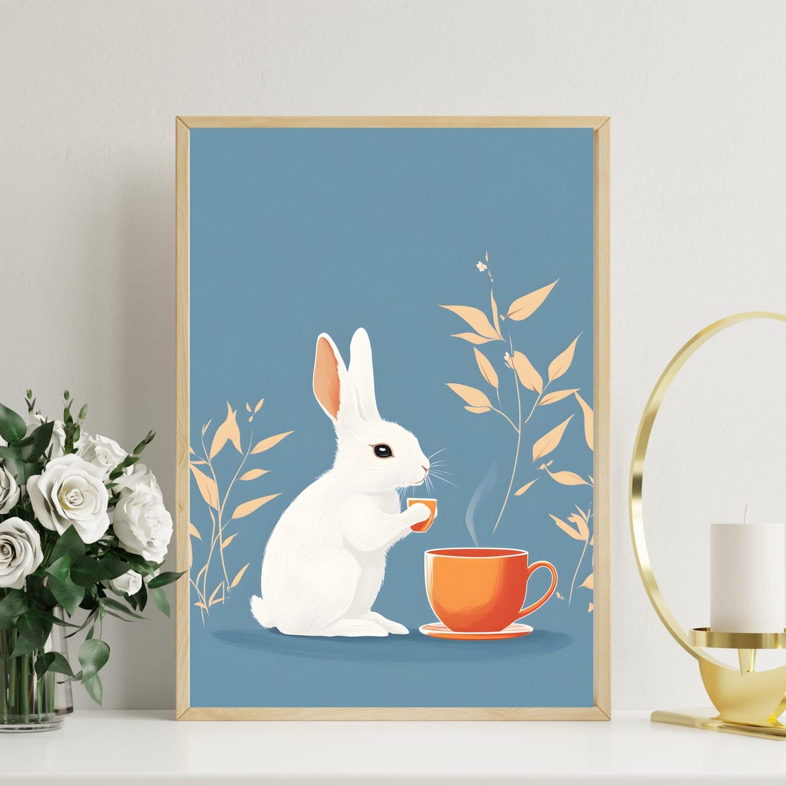 Adorable White Bunny Drinking Tea on a Dusty Blue Botanical Poster - Image 2