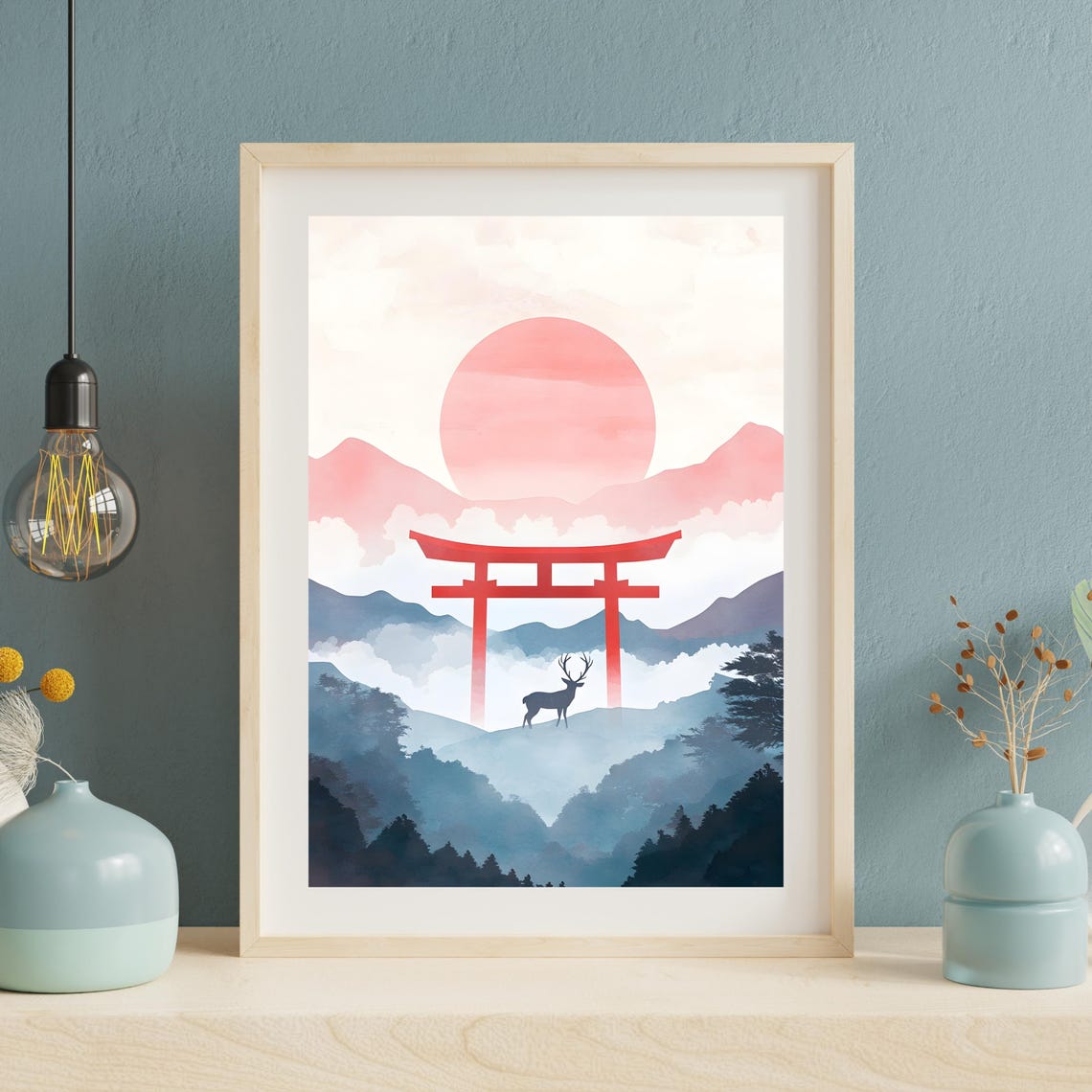 Japanese Sunrise Deer With Red Torii Gate Over Misty Mountains Poster - Image 3