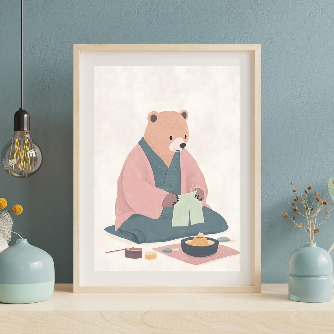 Cute Bear In Kimono At A Japanese Tea Ceremony Whimsical Poster