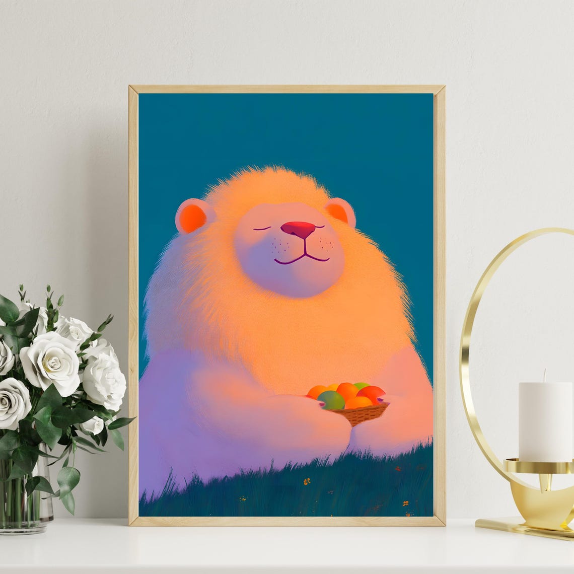 Content Sleepy Pink Lion Holding Fruit Basket on Deep Teal Poster