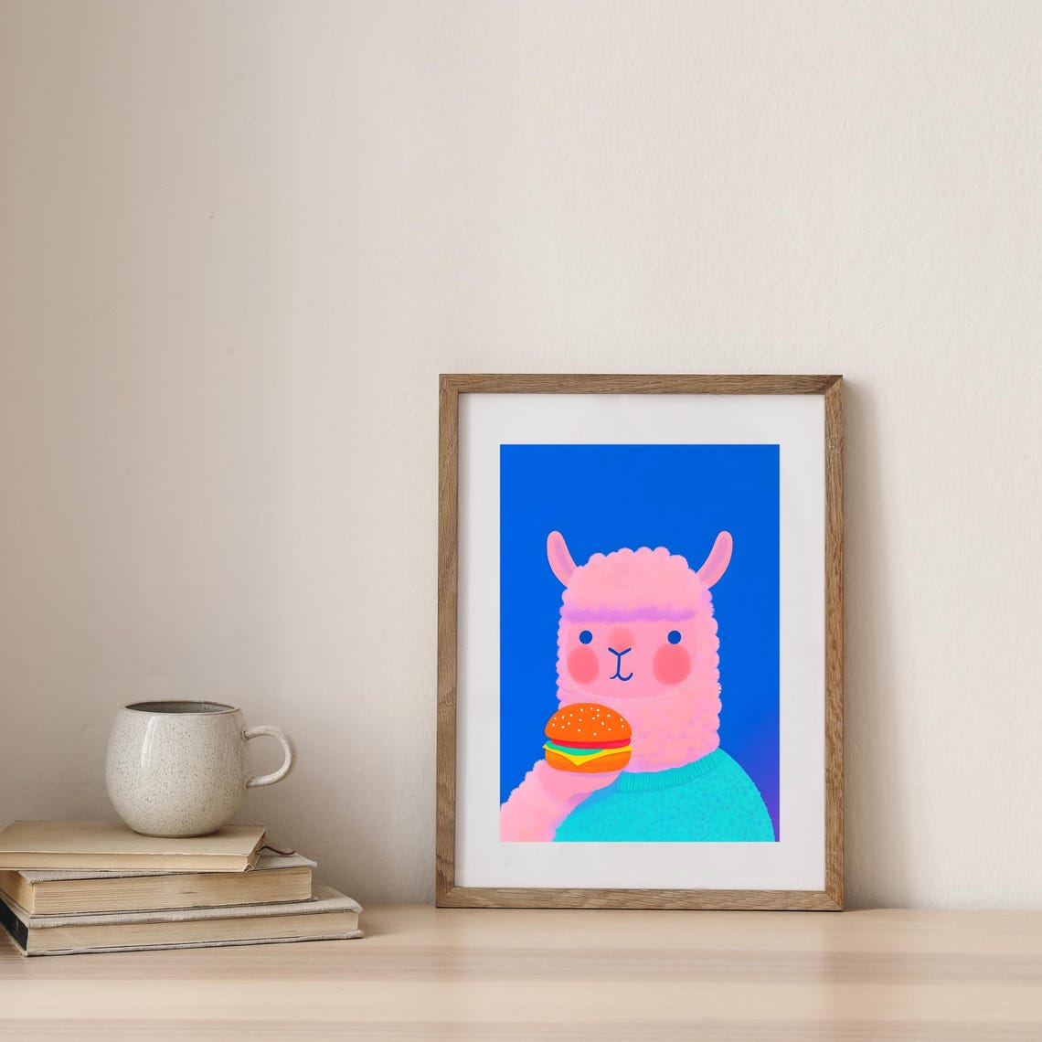 Cute Pink Llama Holding Cheeseburger on Bold Blue Background Poster - Image 3