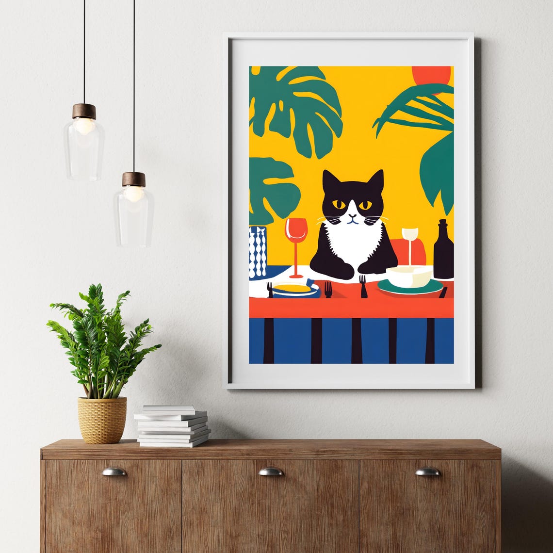 Black and White Cat at a Vibrant Tropical Dinner Party Table Poster - Image 6