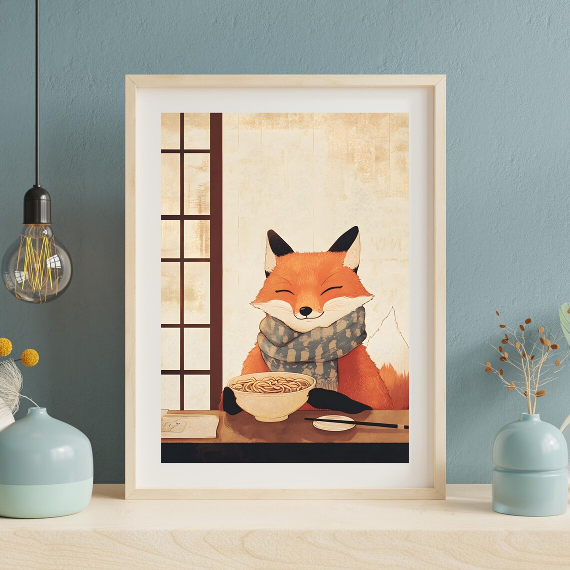 Happy Red Fox in a Patterned Scarf Savoring a Steaming Noodle Bowl Poster