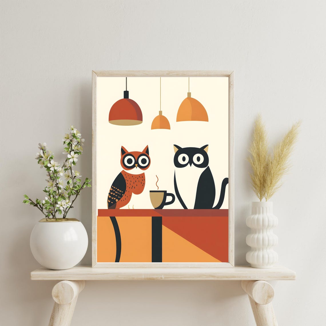 Owl and Cat Sharing Coffee at Mid Century Modern Cafe Poster - Image 4