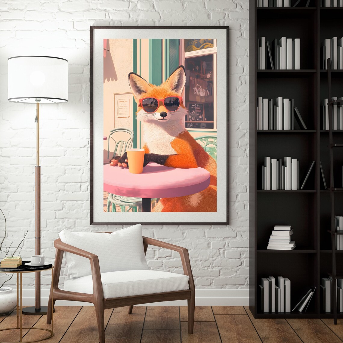Chic Red Fox in Red Sunglasses Relaxing at a Pink Parisian Cafe Table Poster - Image 7