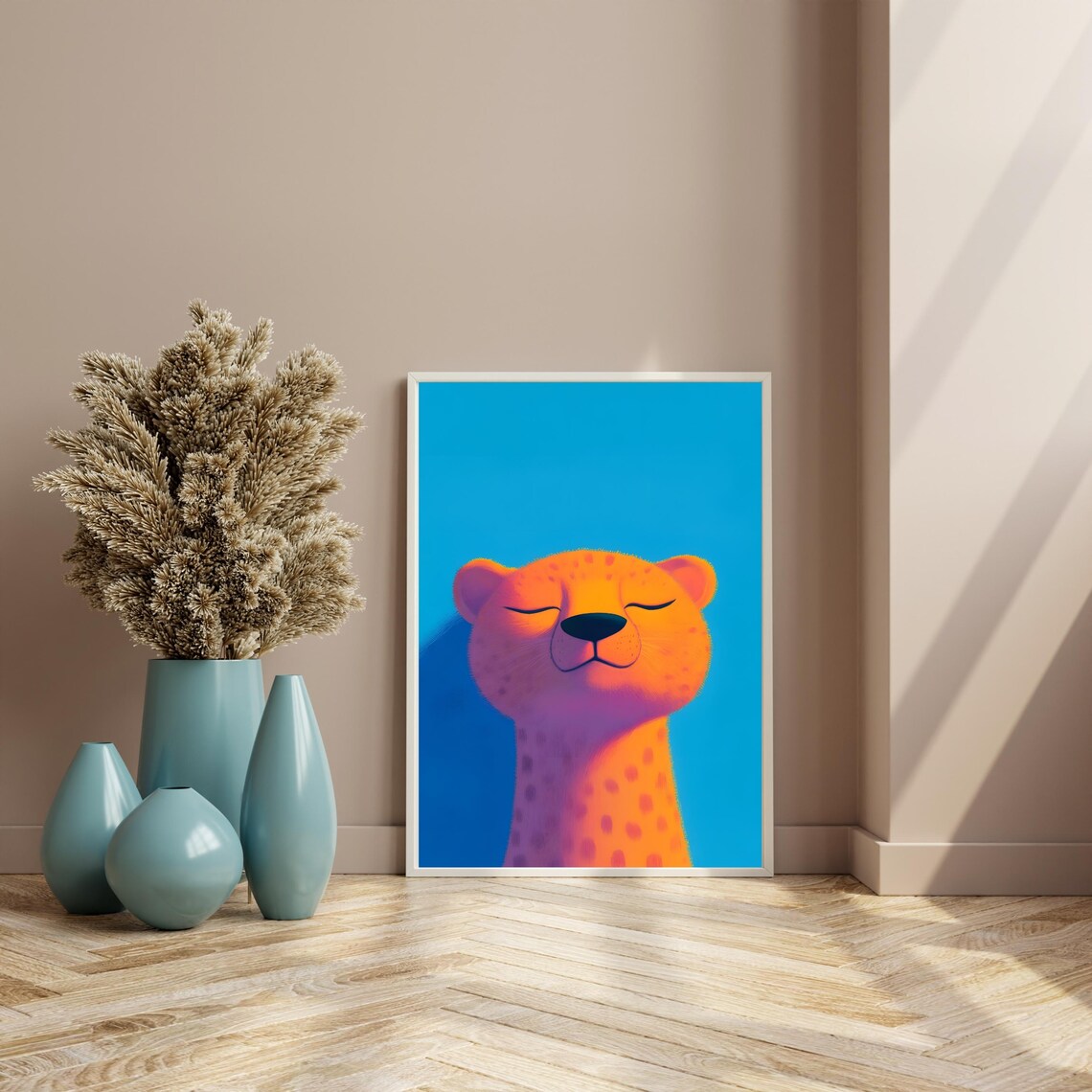 Happy Orange Cheetah Face With Closed Eyes Blue Background Poster - Image 4