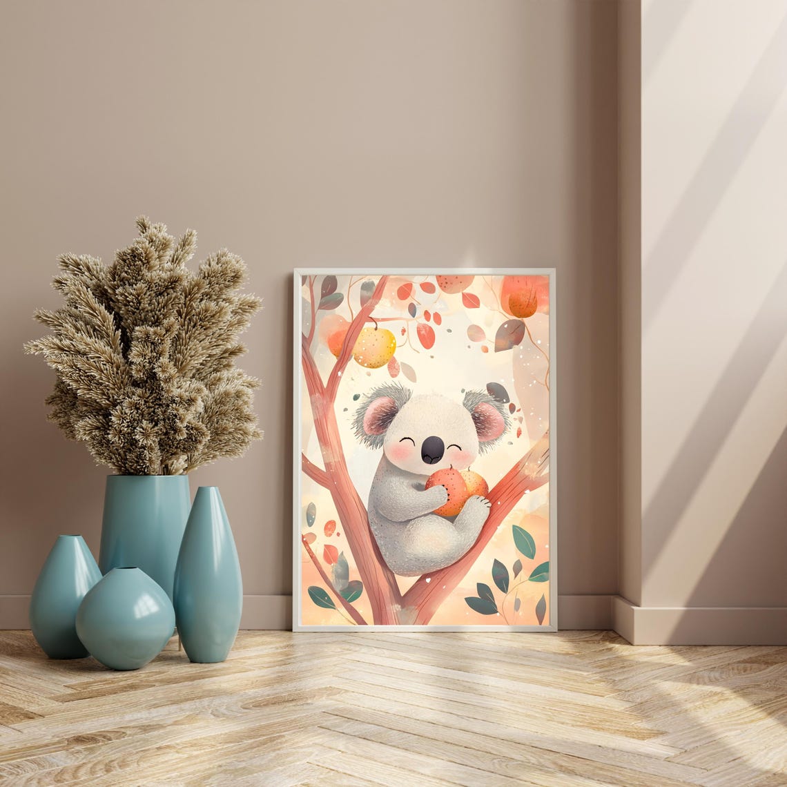 Smiling Baby Koala Hugging Fruit in Pastel Autumn Tree Poster - Image 4