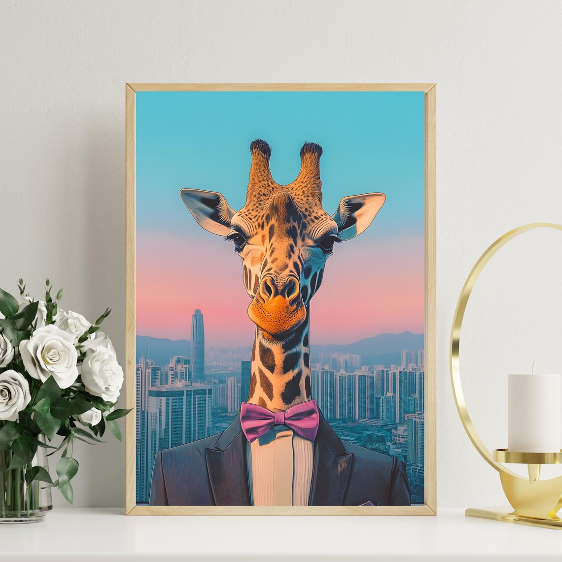 Elegant Giraffe in Tuxedo and Purple Bow Tie over a City Poster - Image 2