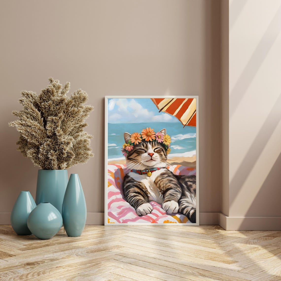 Happy Beach Cat With Flower Crown Relaxing On A Striped Towel Poster - Image 2