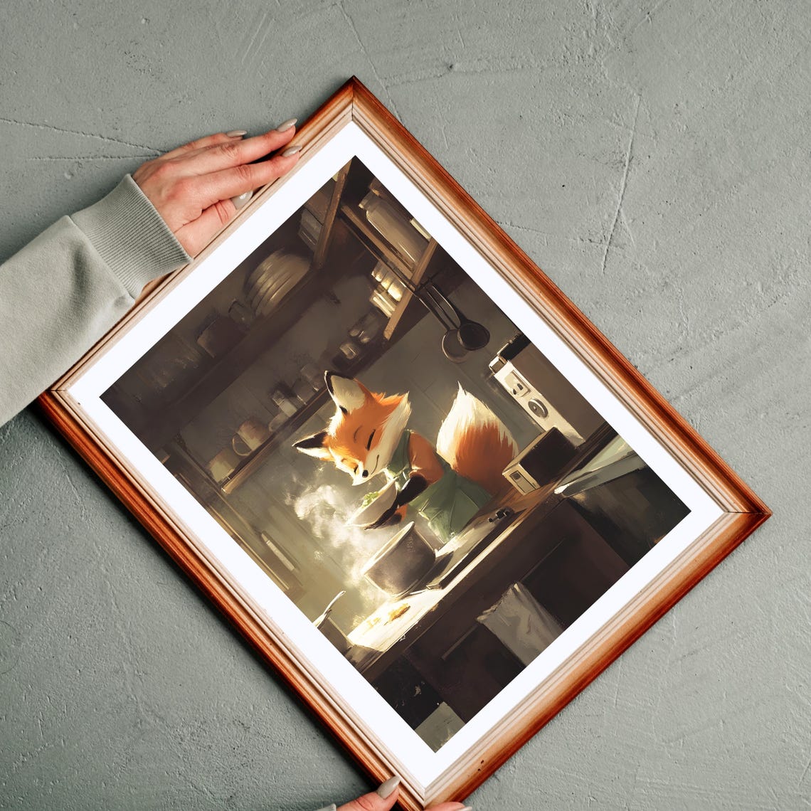 Red Fox Chef Tasting a Steaming Bowl in Cozy Dark Kitchen Poster - Image 3