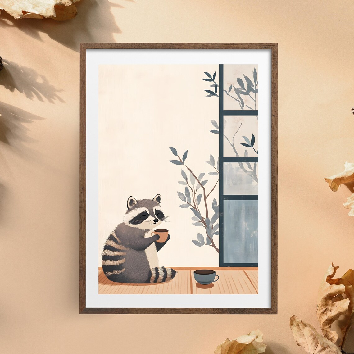 Cozy Raccoon Tea Time Window Japanese Nature Minimalist Art Poster
