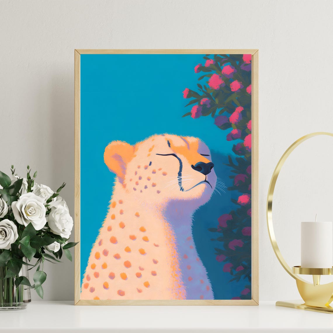 Peaceful Cheetah Smelling Pink Flowers On Teal Background Poster