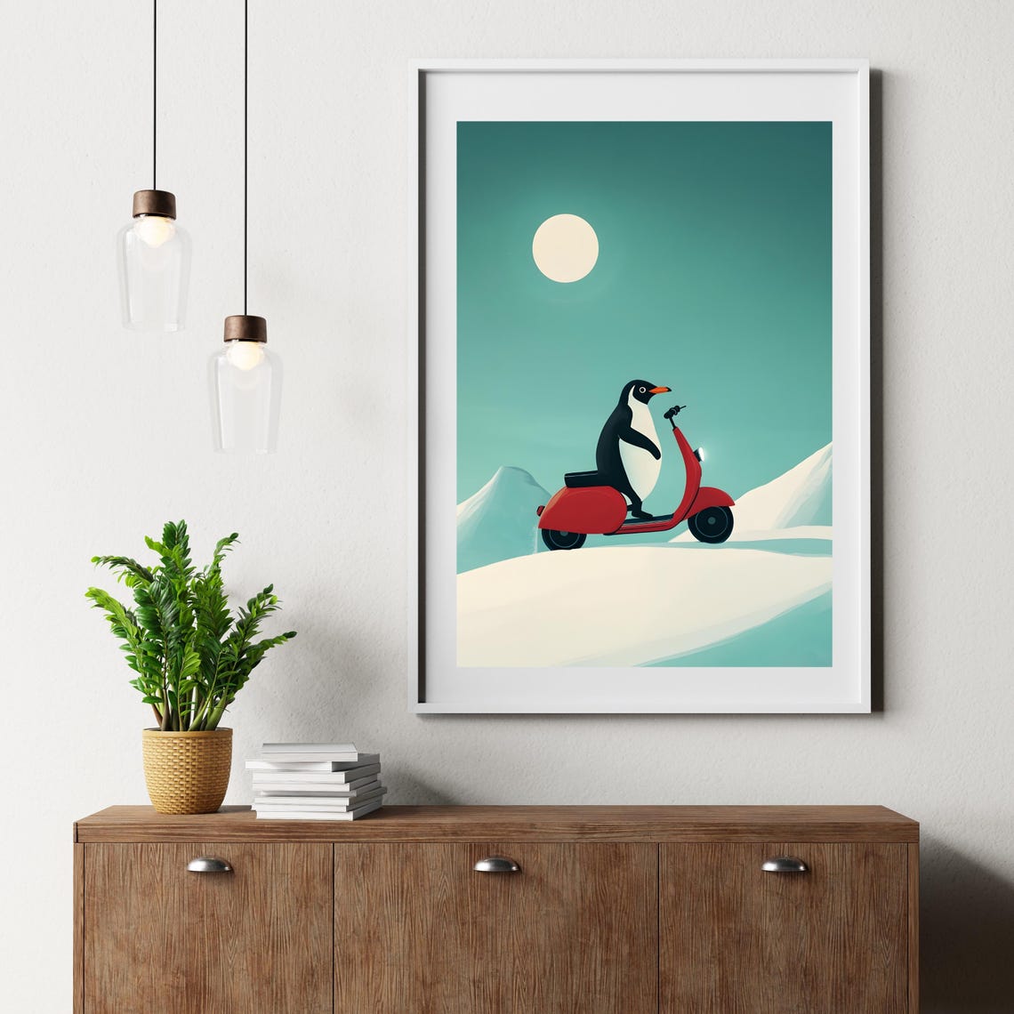 Penguin Riding A Red Scooter Through A Snowy Winter Landscape Poster - Image 6