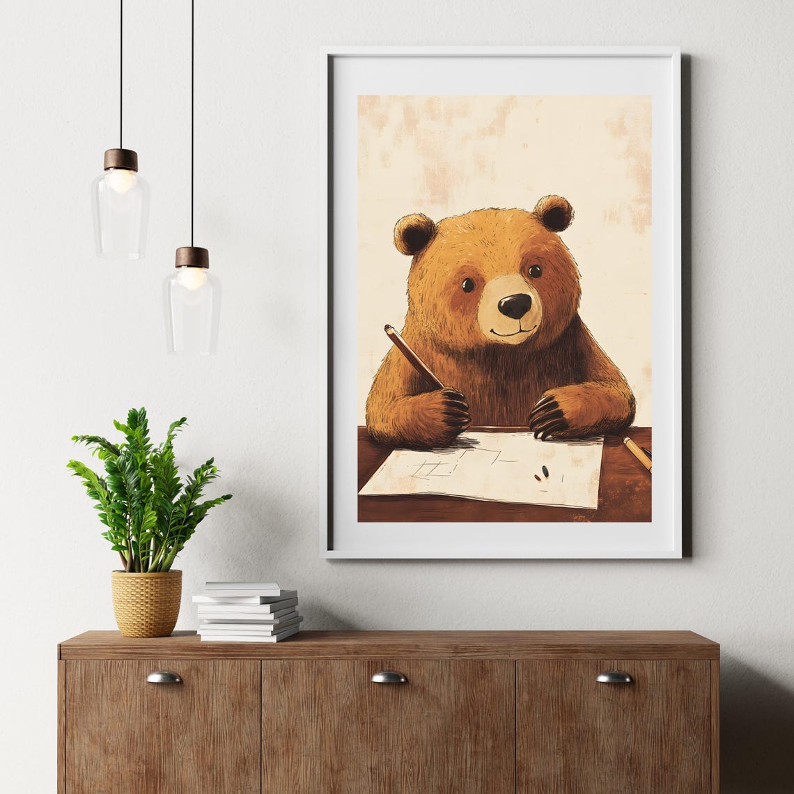Creative Brown Bear Sketching at a Desk Holding a Pencil Poster - Image 6