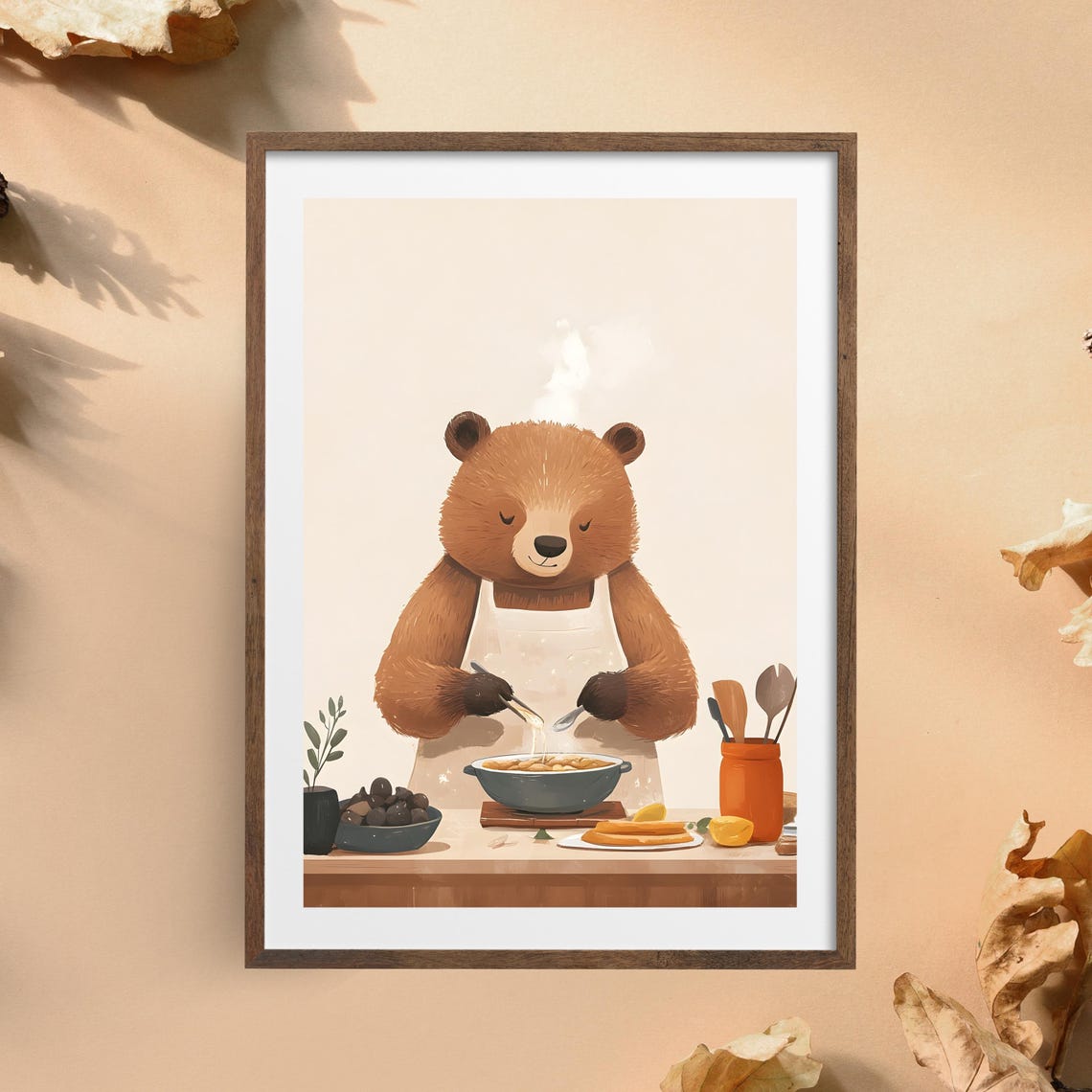 Cute Bear Chef Stirring Pasta in a White Apron in the Kitchen Poster