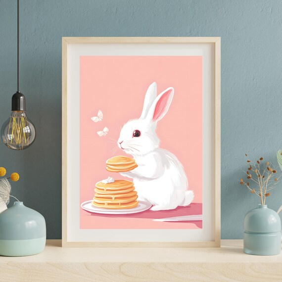 Cute White Rabbit Holding a Tall Stack of Pancakes with Butter Poster