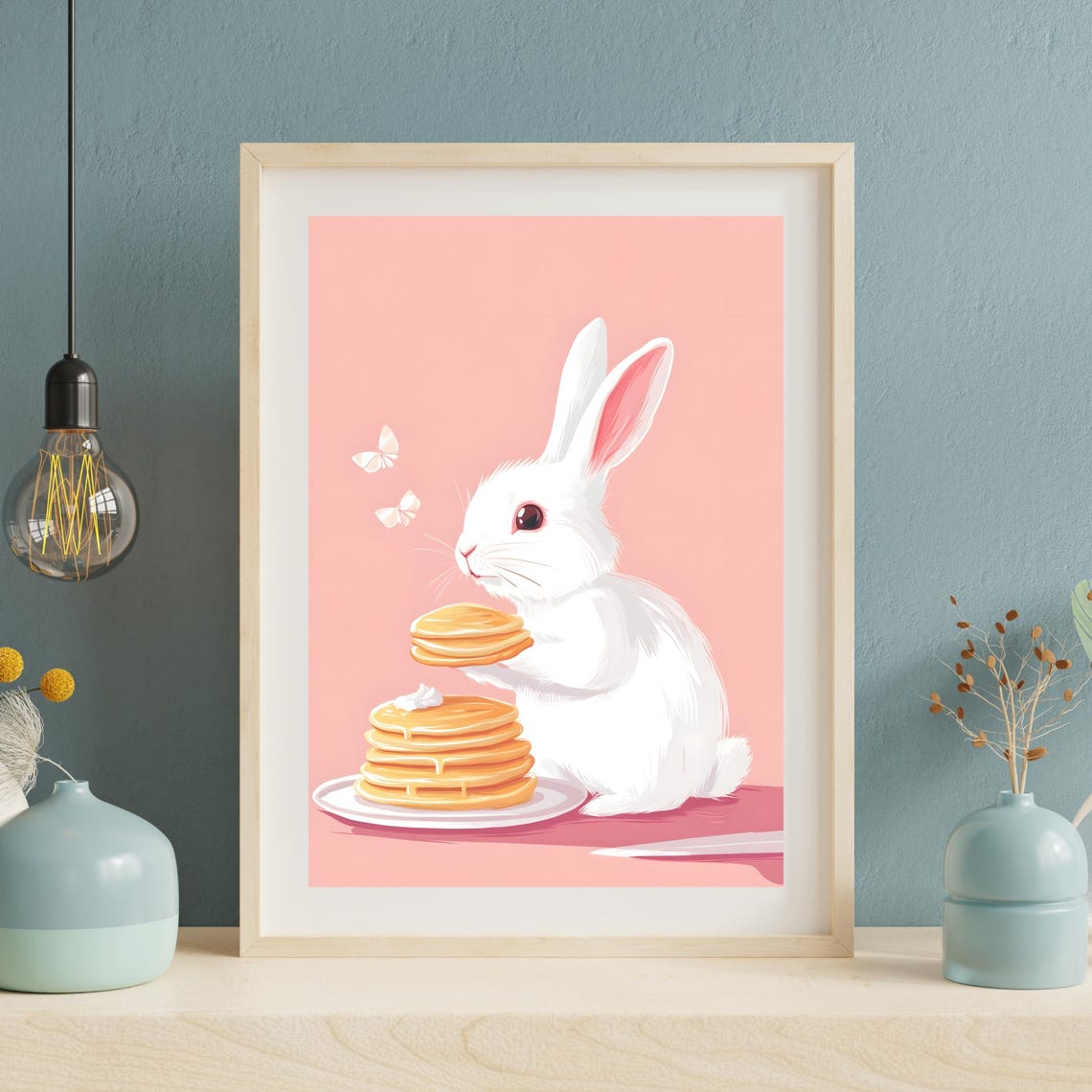 Cute White Rabbit Holding a Tall Stack of Pancakes with Butter Poster