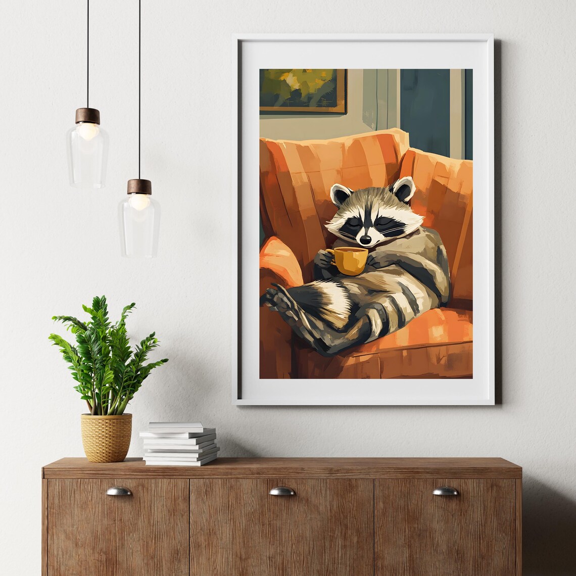 Relaxed Raccoon in an Orange Armchair Holding a Warm Mug Poster - Image 6