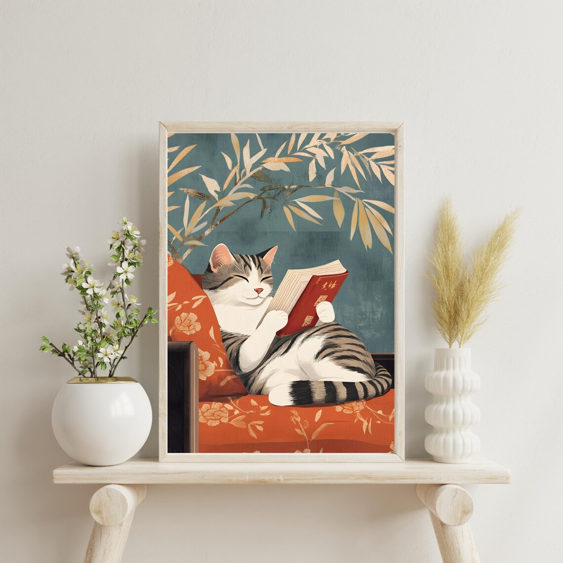 Cat Reading Book Japanese Style Cozy Tabby Animal Nursery Art Poster - Image 4