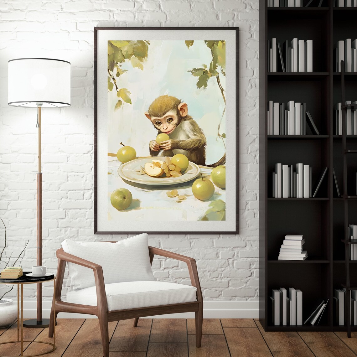 Wide-Eyed Baby Monkey Munching Green Apples at a Fruit-Laden Table Poster - Image 4