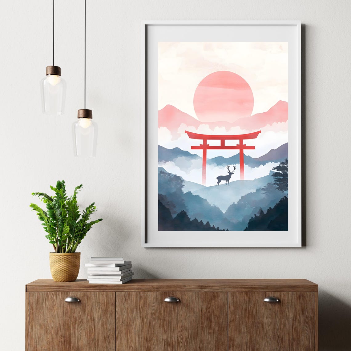 Japanese Sunrise Deer With Red Torii Gate Over Misty Mountains Poster - Image 6