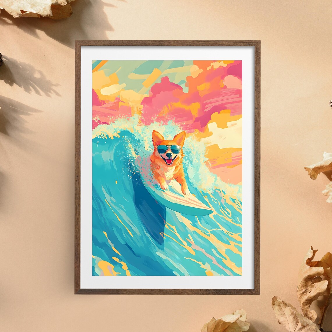 Happy Surfing Corgi in Sunglasses Riding a Big Ocean Wave Poster - Image 3