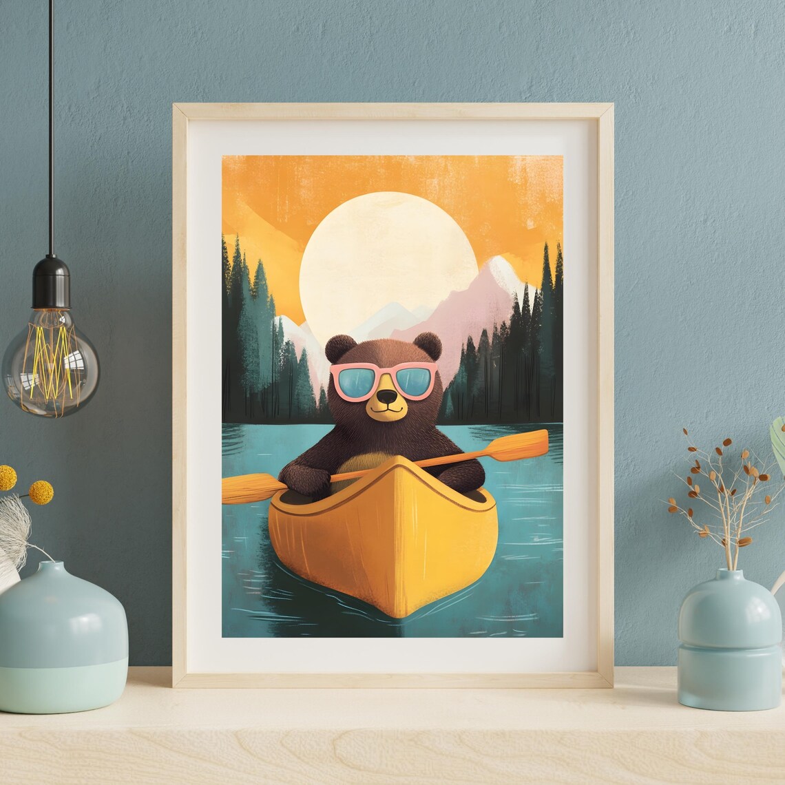 Cool Dark Bear in Pink Sunglasses Paddling a Yellow Canoe at Sunset Poster - Image 8