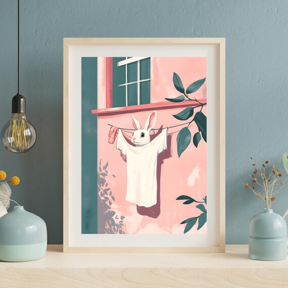Curious White Rabbit Peeking Through Laundry Drying on a Clothesline Poster