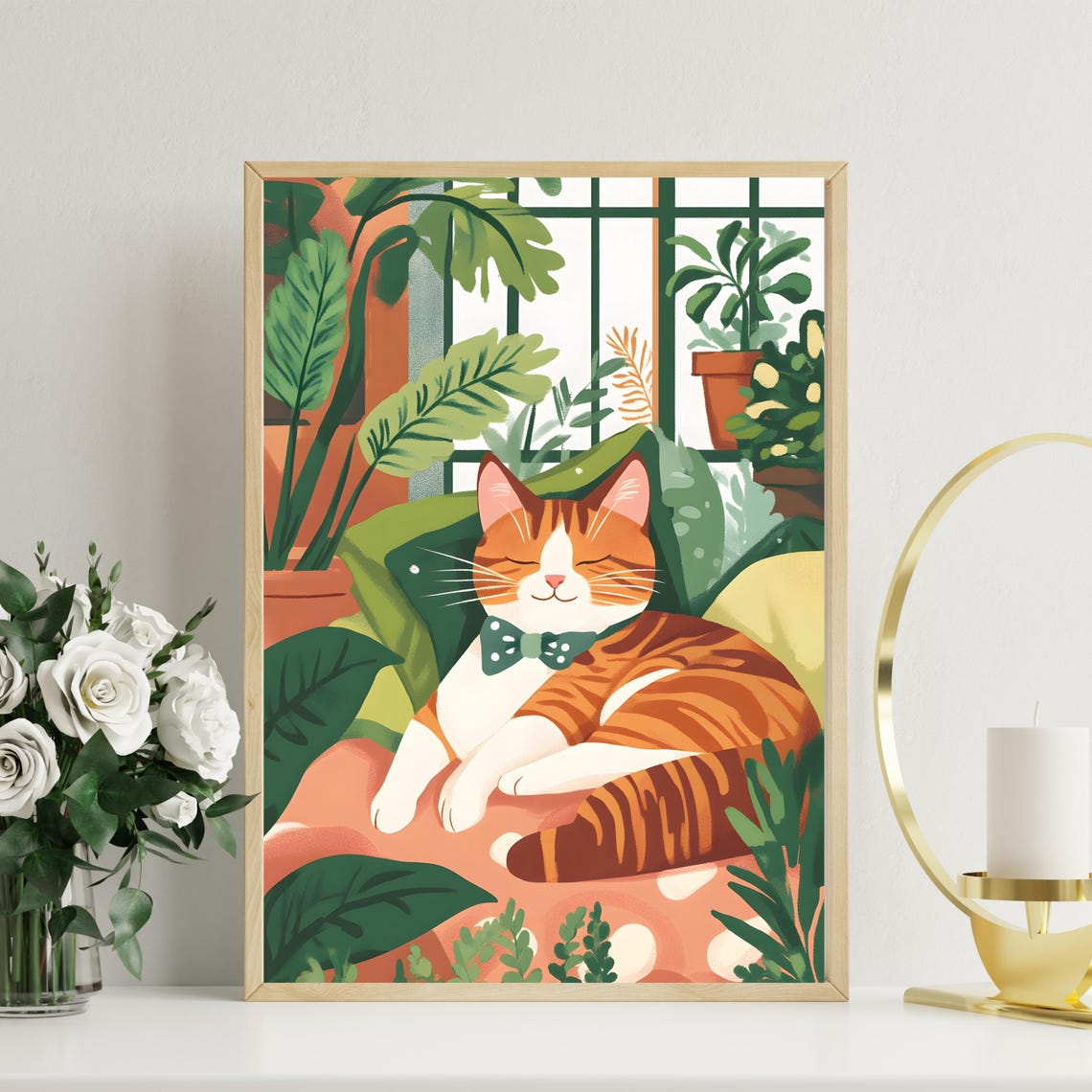 Ginger Tabby Cat Napping In A Bow Tie Among Lush Houseplants Poster - Image 2
