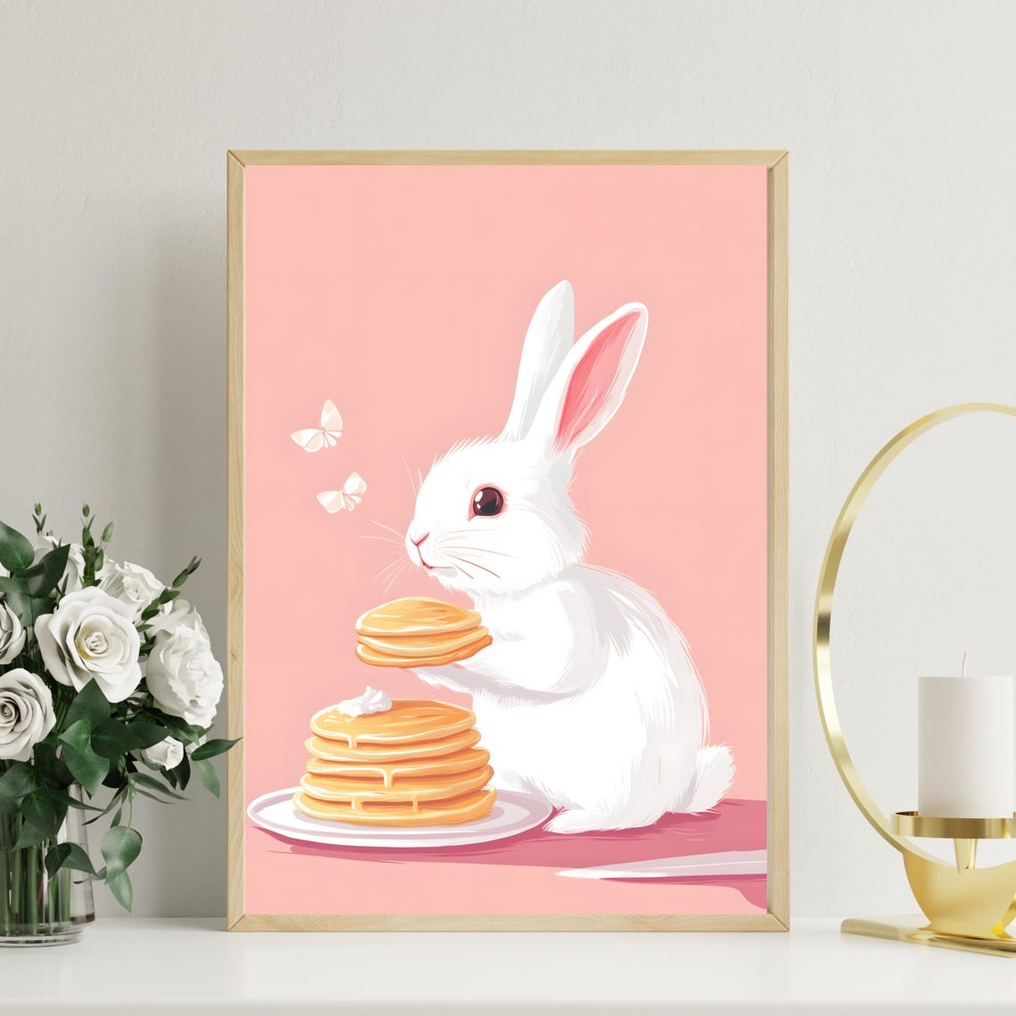 Cute White Rabbit Holding a Tall Stack of Pancakes with Butter Poster - Image 2