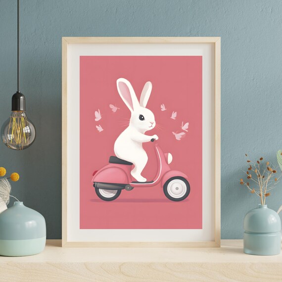 Bunny Riding Pink Scooter Cute Rabbit Animal Nursery Art Poster