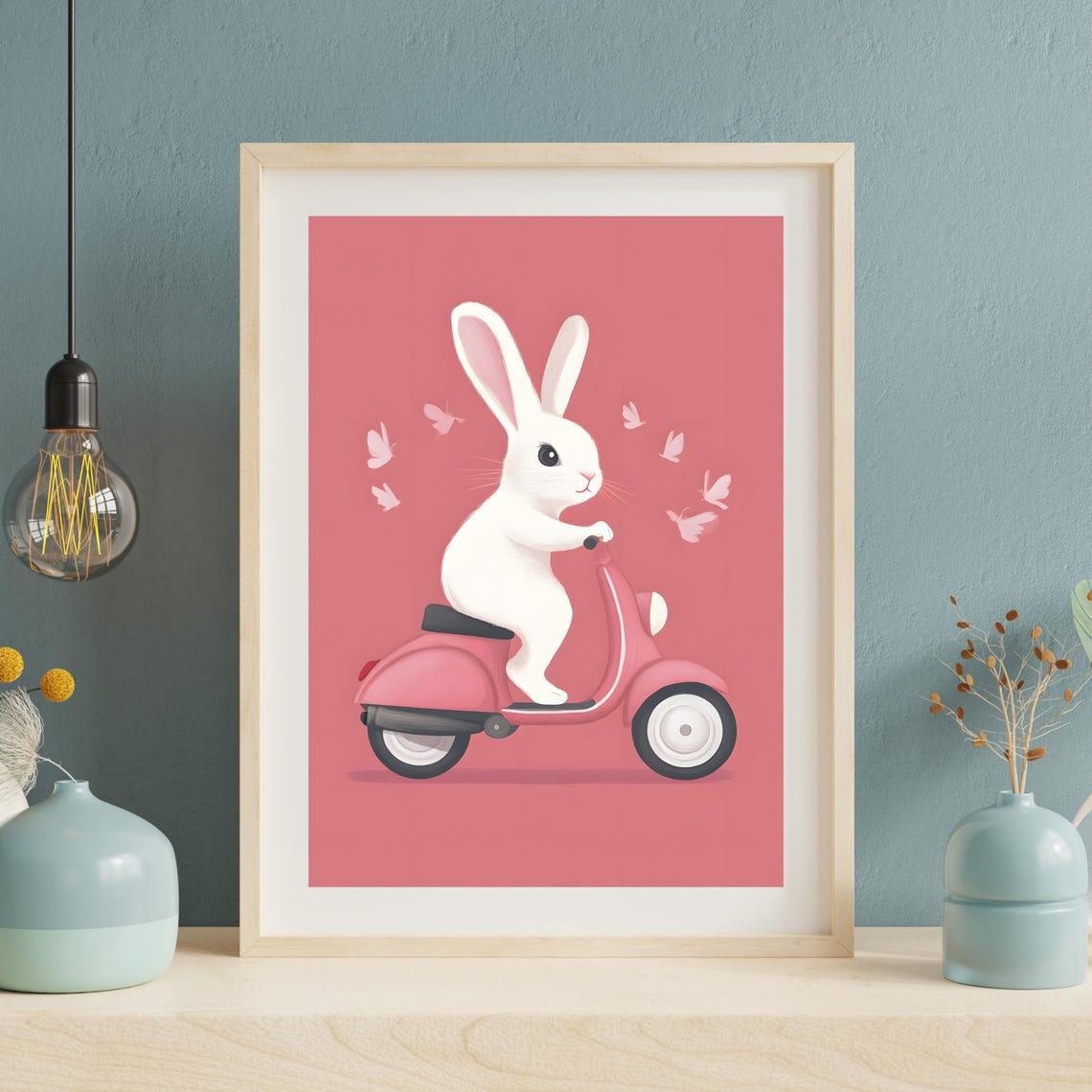 Bunny Riding Pink Scooter Cute Rabbit Animal Nursery Art Poster