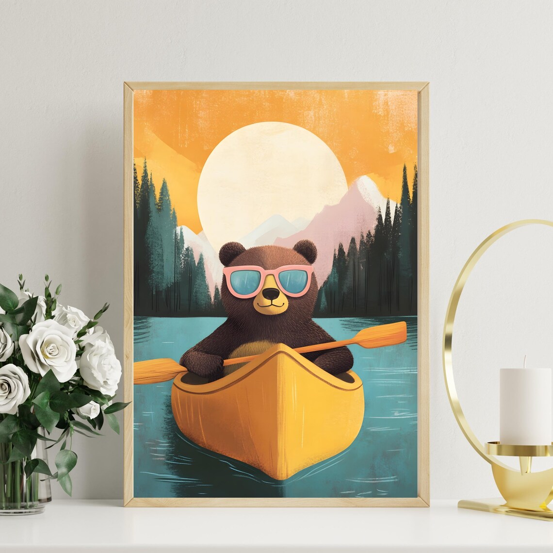 Cool Dark Bear in Pink Sunglasses Paddling a Yellow Canoe at Sunset Poster