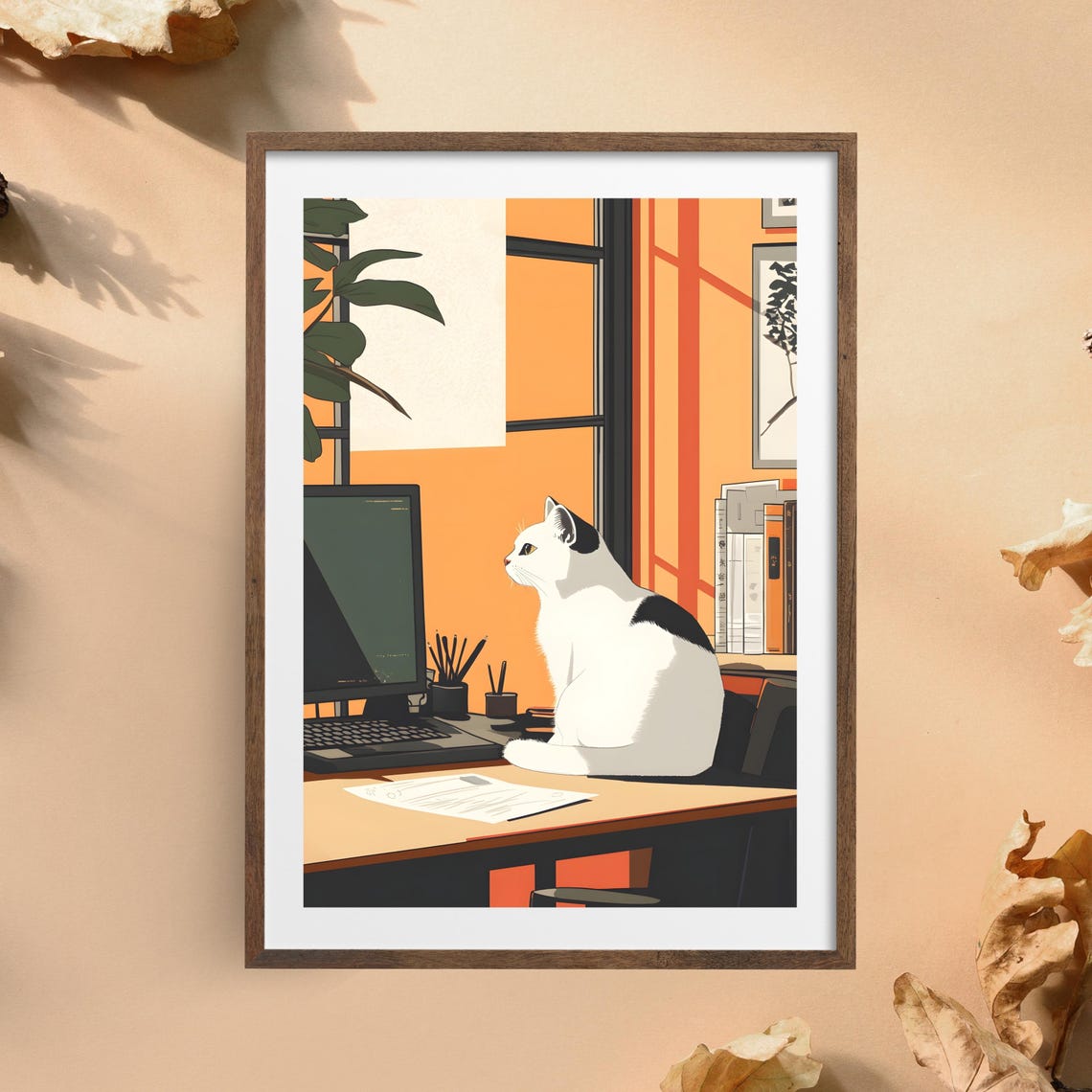 Cat Working at Desk Office Cozy Workspace Animal Nursery Art Poster