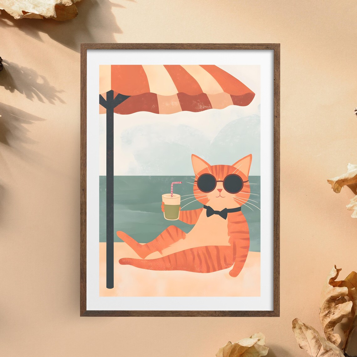 Orange Cat With Sunglasses and Bow Tie Lounging at Beach Poster